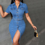 Women Clothing Elastic Mid Length Retro Slim Fit Breasted Hip Denim Dress