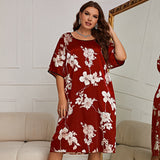 Plus Size Pajamas Women Mid Length Dress with Prints Summer Pajamas Silk Ice Silk Nightdress