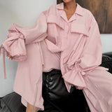 Cotton Suit Women Collared Bell Sleeve Casual Shirt Lace up Wide Leg Pants Two Piece Set