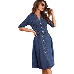 Women Clothing Denim Tight Waist Fit Slimming Short Sleeve Dress
