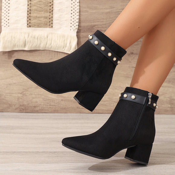 Black Pearl Microfiber Women Ankle Boots Pointed Toe Chunky Heel Low Heel Height Increasing Women Boots Belt Low Tube Women Boots