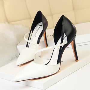 Sweet High Heels Women High Heel Low Cut Pointed Toe Colorblock Hollow Out Cutout out Strap Skinny Shoes