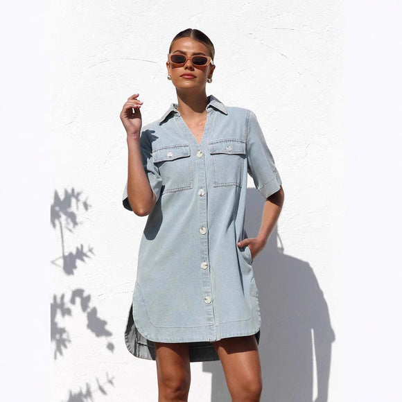 Summer Short Sleeve Collared Casual Women Denim Dress