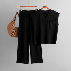 Loose Fashionable Knitted Women Solid Color V neck Knitted Top Casual Pants Two Piece Set
