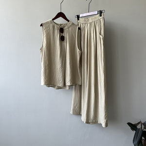 Stylish Thin Sleeveless Vest Women Summer Pleated Shirt Wide Leg Pants Two Piece Sets