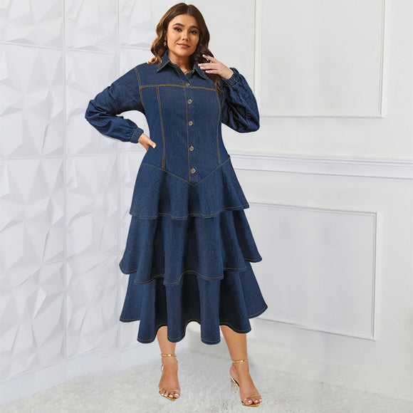Plus Size Women Clothing Denim Long Sleeve Collared Cake Maxi Dress