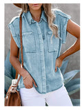 New  Sleeveless Denim Shirt Straight Pocket Loose  Top for Women