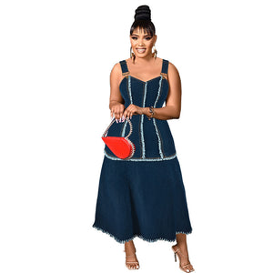 Plus Size Women Sleeveless Tassel Suspender Maxi Dress