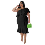 Plus Size Women Clothing Slim Casual Ruffled Tube Top Midi Dress