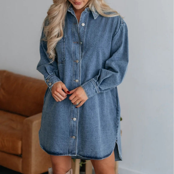 Spring Casual Button Slimming Long Sleeve Denim Dress Women (Without Belted)