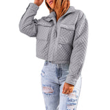 Autumn Winter Women Clothing Casual Long Sleeve Coat Polo Collar Solid Color Loose Zip Short Jacket