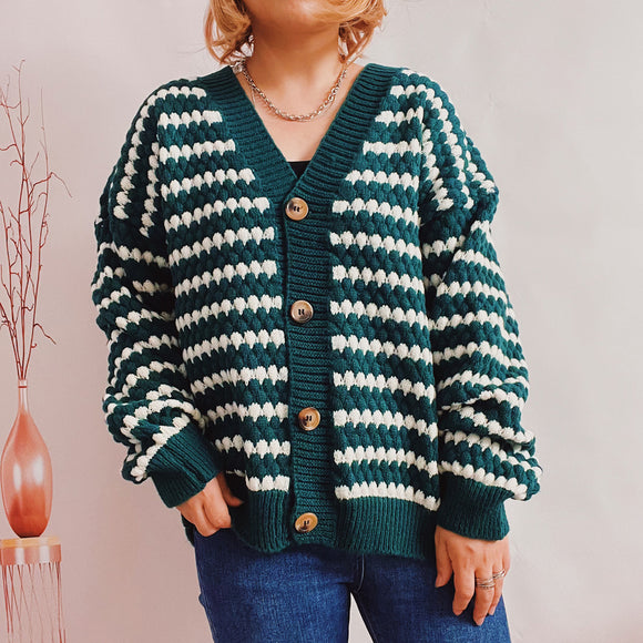 Autumn Winter Loose Plus Size Striped Drop-Shoulder Long-Sleeve Single-Breasted Knitted Sweater Cardigan Coat
