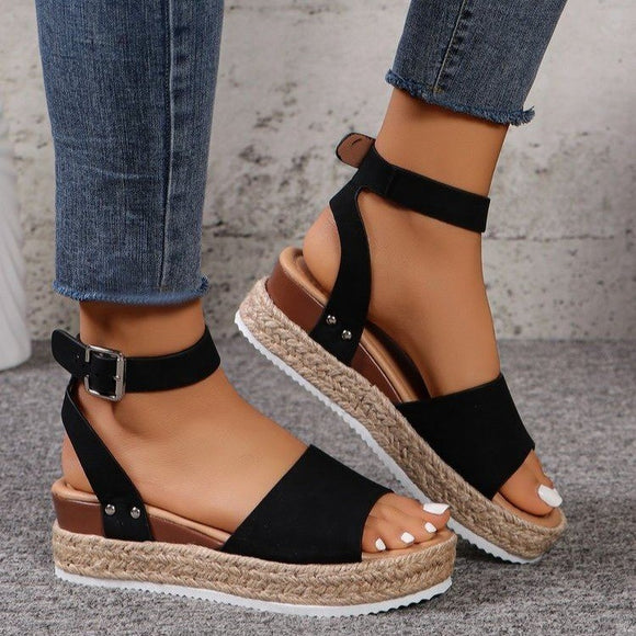 Hemp Rope Wedge Peep Toe Sandals Women Platform Buckle Beach Slippers
