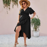 Plus Size Slim Fit Below Knee Maxi Dress Elegant Slit Lace Up Short Sleeve Slim Dress