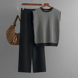 Women Sleeveless Striped Sweater Top Two Piece High Waist Straight Wide Leg Pants