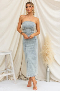 Women Bandeau Sexy Girls Slim Fit Patchwork Denim Dress