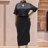 Plus Size Women Skirt Set Women Clothing National Retro Top plus Split Dress Two Piece Set