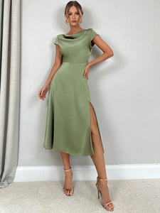 Women Clothing High Grade Summer Split Artificial Silk Dress Satin Long Dress