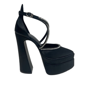 Pointed Toe Rhinestone Chunky Heel Satin Wedding Cocktail 15cm Double Waterproof Platform Women Shoes Heels
