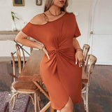 Plus Size Spring Slim Fit Cami Dress Design Ruffle Hip Oblique Shoulder Irregular Asymmetric Solid Color Short Sleeve Dress
