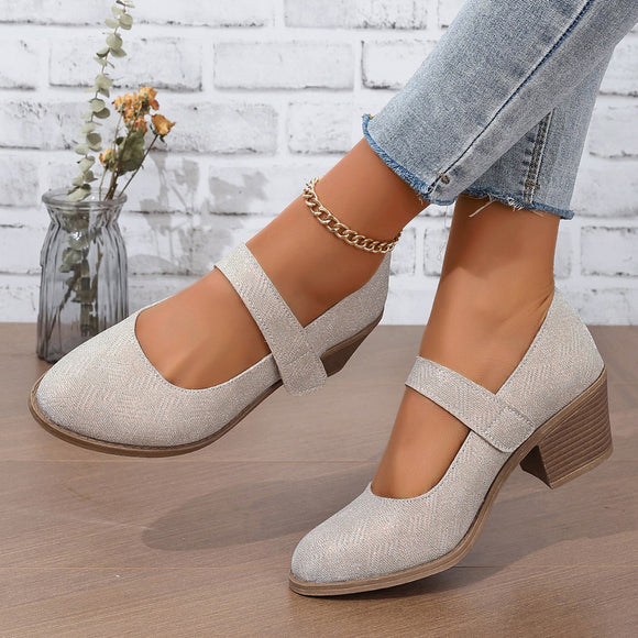 Chunky Heel Height Increasing Women Pumps Velcro Convenient Simple round Toe Women High Heel Single Layer Shoes round Toe