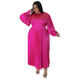 Plus Size Women Clothes Autumn Winter Popular Pleated Round Neck Maxi Dress Long Sleeve