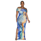 Women Wear Popular Off Shoulder Sexy High Split Printing Dress