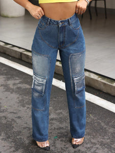 Women Clothing High Waist Work Clothes Pocket Slimming Jeans Trousers