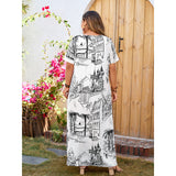 Plus Size Loose Printed Maxi Dress Short Sleeve Dress for Women