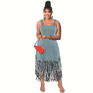 Plus Size Women Clothing Denim Sleeveless Sling Tassel Stitching Dress