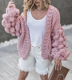 Office Loose Short Winter Hand Woven Ball Lantern Sleeve Sweater Coat Women