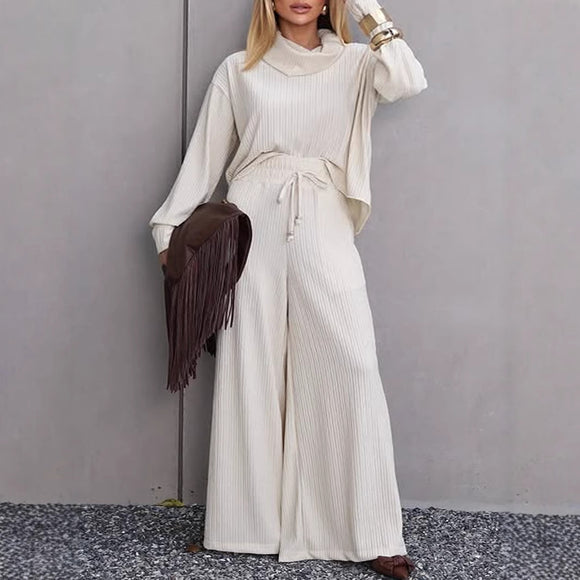 Women Clothing Heap Collar Long Sleeves Top Wide Leg Pants Two Piece Sets Autumn Winter