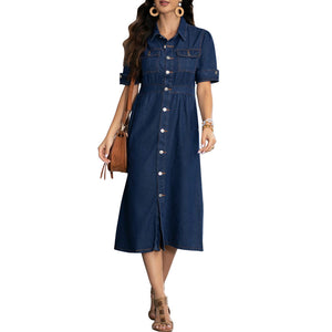 Women Clothing Denim Collared Short Sleeve Cardigan Tight Waist Fit Dress