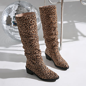 Leopard Print round Head Square Heel Boots Women Retro Western Denim Long Tube Boots