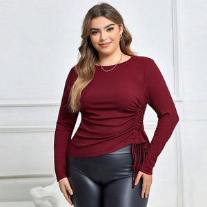 Plus Size Women Clothes Autumn Winter Slim Fit Drawstring Long Sleeve T Shirt Sexy Top