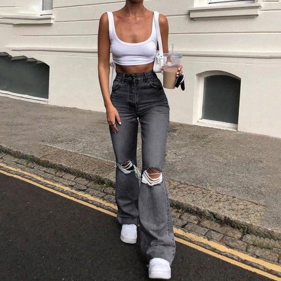 High Waist Retro Stretch Slim Knee Hole Bell Bottom Pants