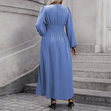 Plus Size Women Clothes Sexy V Neck Tight Waist Large Slit Hemline Long Sleeve Dress