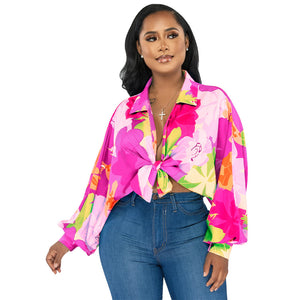 Women Clothing Batwing Sleeve Top Collared Print Shirt