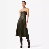 Spring Autumn Wrapped Chest Pleated Leather Dress Casual Loose All Matching Dress Women