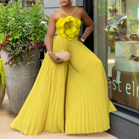 Women Clothing Summer Halter Three Dimensional Floral Solid Color Wide Leg plus Size Jumpsuit
