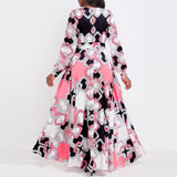 Plus Size Women Clothing Elegant Graceful Printed V Neck No Belt Large Swing Dress