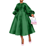 Women Clothing Autumn Winter Solid Color Glossy Loose Button Lantern Sleeve Dress