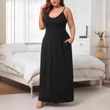 Plus Size Women Clothes U Neck Sleeveless Dress Summer High Waist Solid Color Midi Dress