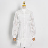 Elegant Elegant A  line Dress Turtleneck Long Sleeve Stitching Embroidered Hollow Out Cutout Single Breasted Dress for Women