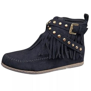 Vintage Suede Short Tassel Boots Women Flat Belt Buckle Single Boots
