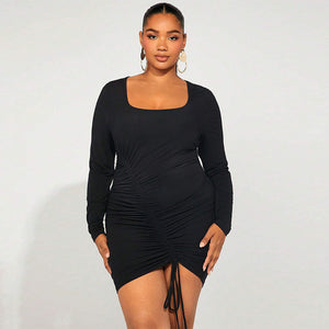 Plus Size Women Clothes Fall Winter Slim Fit Sheath Square Collar Long Sleeve Solid Color Dress