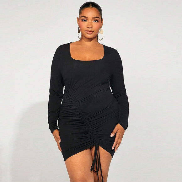 Plus Size Women Clothes Fall Winter Slim Fit Sheath Square Collar Long Sleeve Solid Color Dress