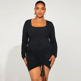 Plus Size Women Clothes Fall Winter Slim Fit Sheath Square Collar Long Sleeve Solid Color Dress