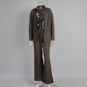 Cotton Long Sleeved Shirt Wide Leg Trousers Summer Solid Color Bootcut Pants Casual Two Piece Sets