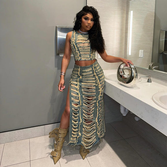 Women Denim Suit Women Personalized Hand Worn Vest High Slit Denim Skirt Set